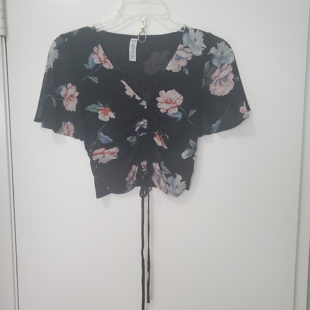 American Rag Sheer Floral Cropped Dark Fairy Whimsigoth Top Shirred Front Sz XS